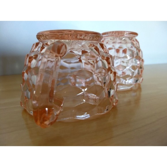 PINK DEPRESSION GLASS Creamer & Sugar Bowl Set Jeanette DIAMOND CUBIST Vintage - Picture 16 of 16